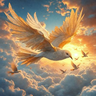 The primary subject of the image is a white bird with a long tail, flying through a cloudy sky. The bird is surrounded by a flock of birds, creating a sense of movement and freedom. The setting is a cloudy sky, which adds to the overall atmosphere of the image. The visual style is a combination of digital art and illustration, creating a vibrant and dynamic scene. The colors are predominantly white and gray, with the white bird and clouds providing a sense of purity and tranquility.